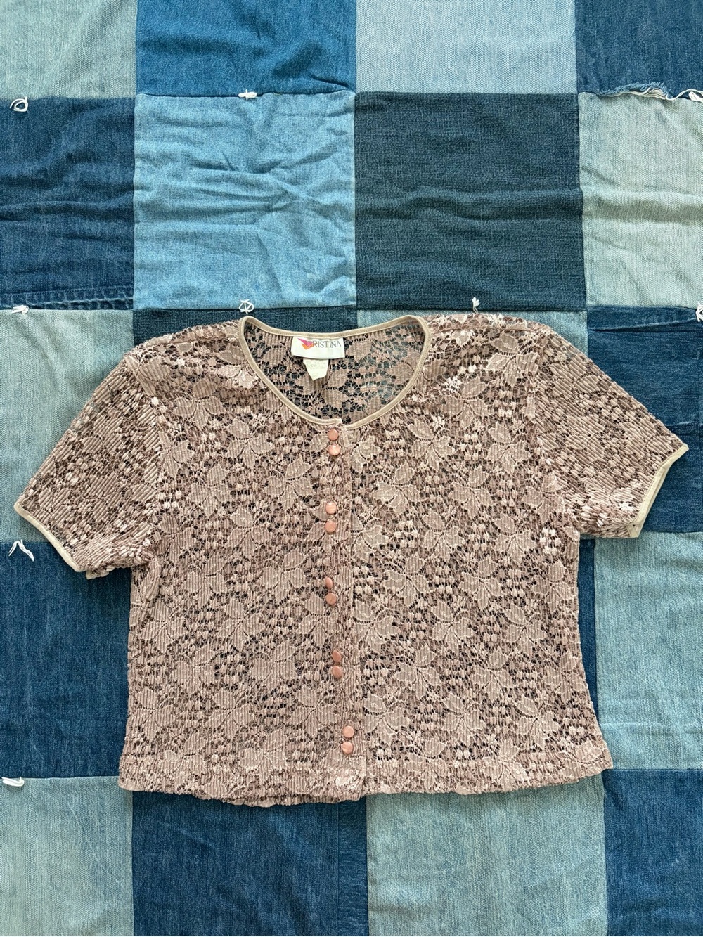 Vintage sheer floral lace metallic fairy blouse button up short sleeve size L